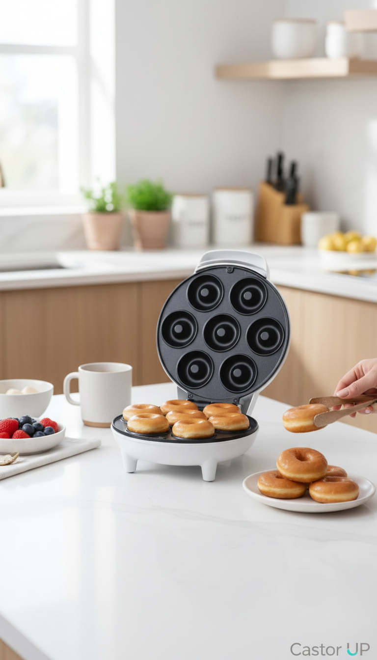 Máquina eléctrica Castor UP para 7 mini donas con revestimiento antiadherente en una cocina moderna y luminosa