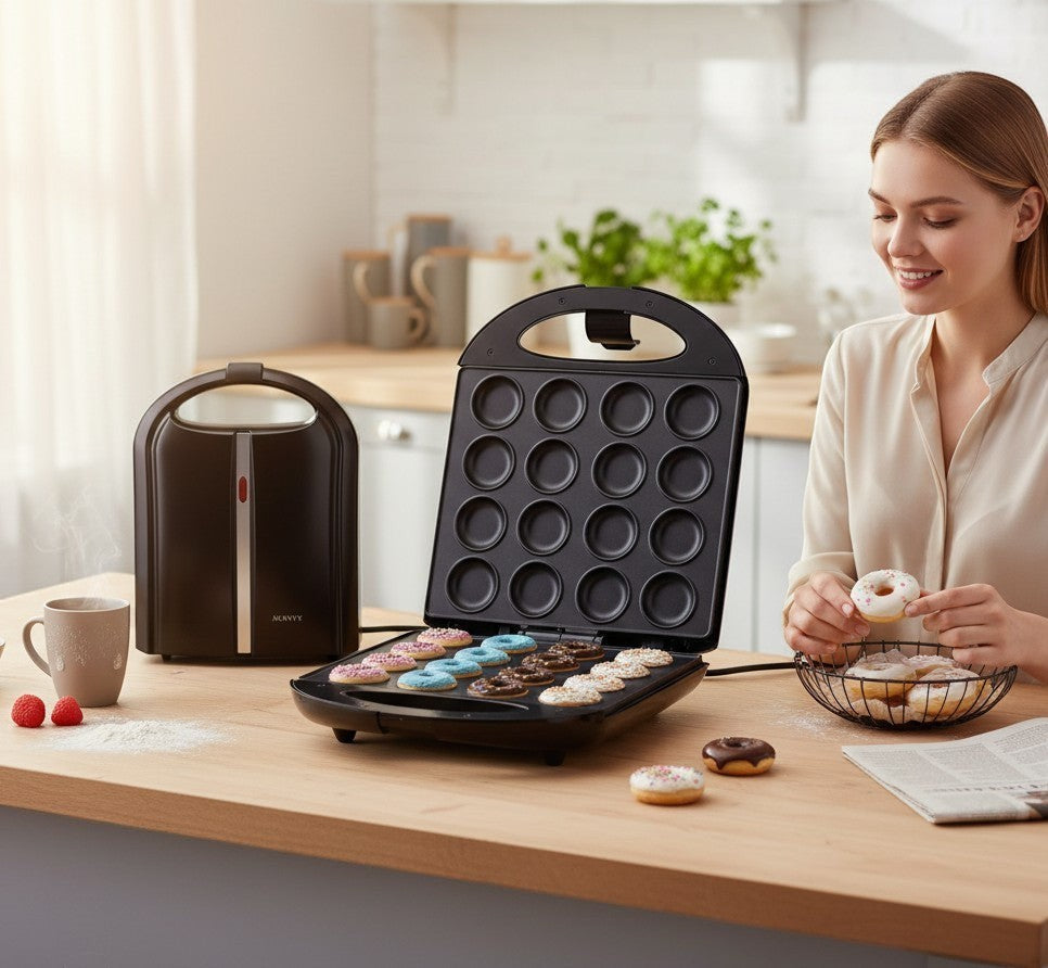 Mujer decorando mini donas recién hechas con la máquina eléctrica Castor UP negra de 12 cavidades en una cocina moderna