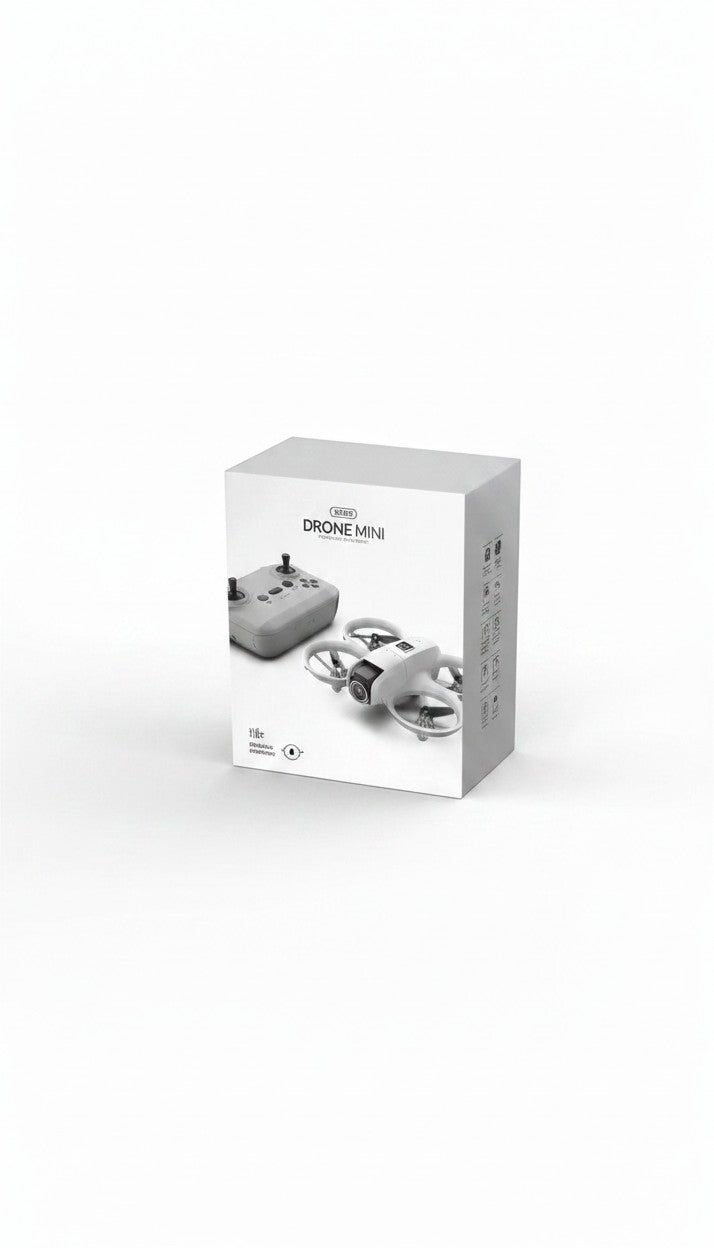 Caja de producto Castor UP con mini dron gris de alta resolución y mando de control ergonómico en fondo blanco