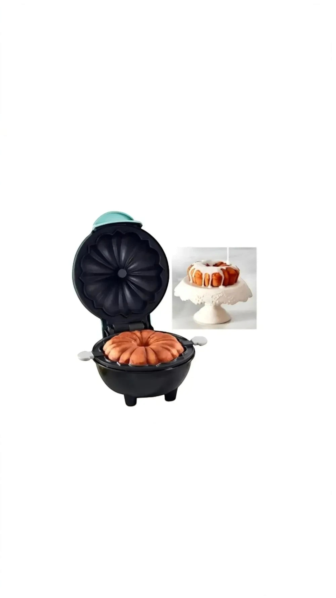 Mini máquina eléctrica Castor UP para pasteles tipo Bundt con superficie antiadherente negra y tapa color turquesa