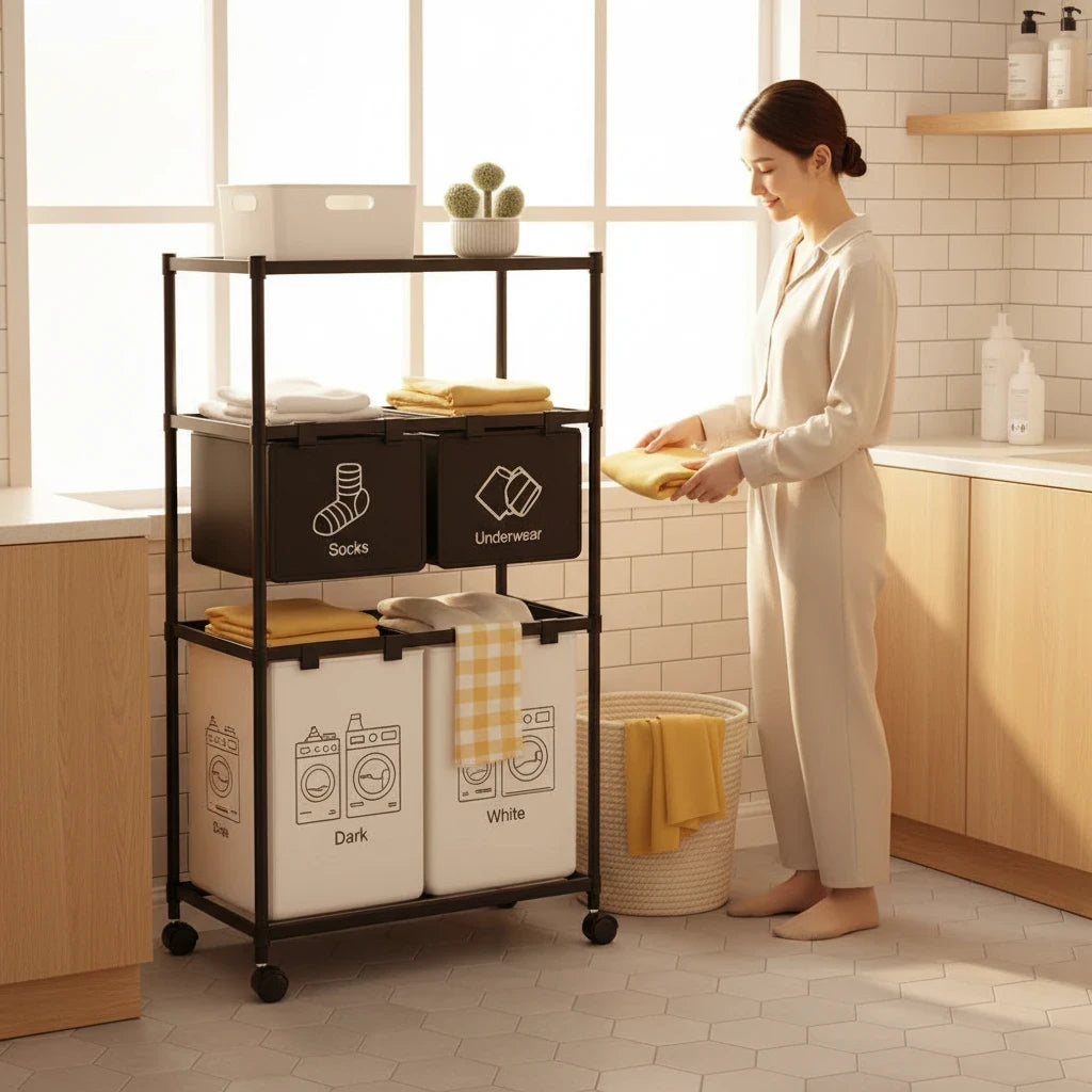 Organizador de lavandería Castor UP de cuatro niveles con cestas extraíbles y ruedas en una cocina moderna.