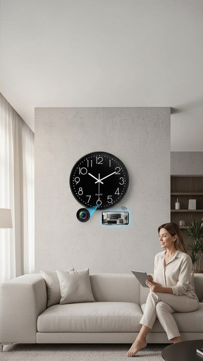 Reloj de pared Castor UP con cámara espía Wifi oculta, monitoreando una sala de estar moderna desde un smartphone.