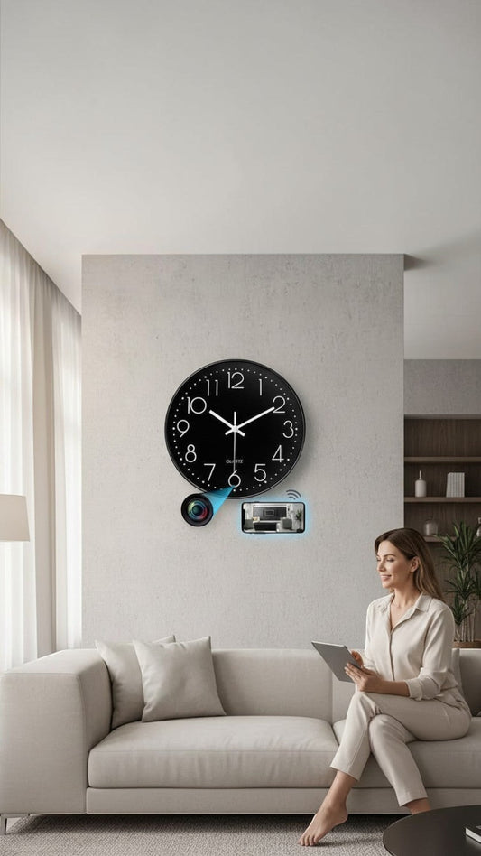 Reloj de pared Castor UP con cámara espía Wifi oculta, monitoreando una sala de estar moderna desde un smartphone.