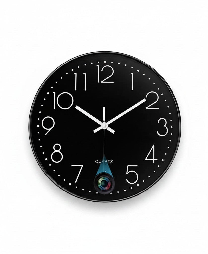 Reloj de pared Castor UP negro con números blancos y cámara de seguridad oculta integrada para vigilancia discreta