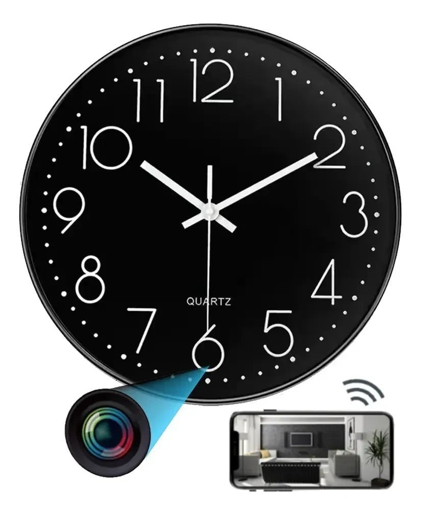 Reloj de pared Castor UP negro con cámara de seguridad oculta, conexión Wi-Fi y visualización remota en smartphone.