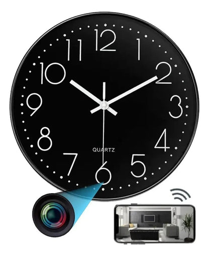 Reloj de pared Castor UP negro con cámara de seguridad oculta, conexión Wi-Fi y visualización remota en smartphone.
