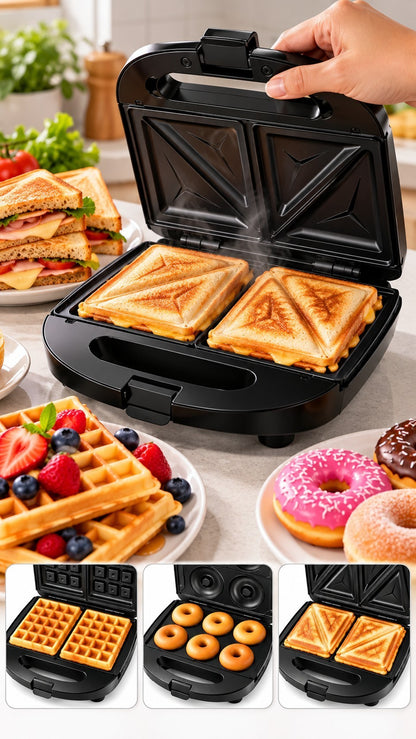 Sandwichera multifuncional Castor UP con placas intercambiables para sándwiches, gofres y donuts en cocina moderna.