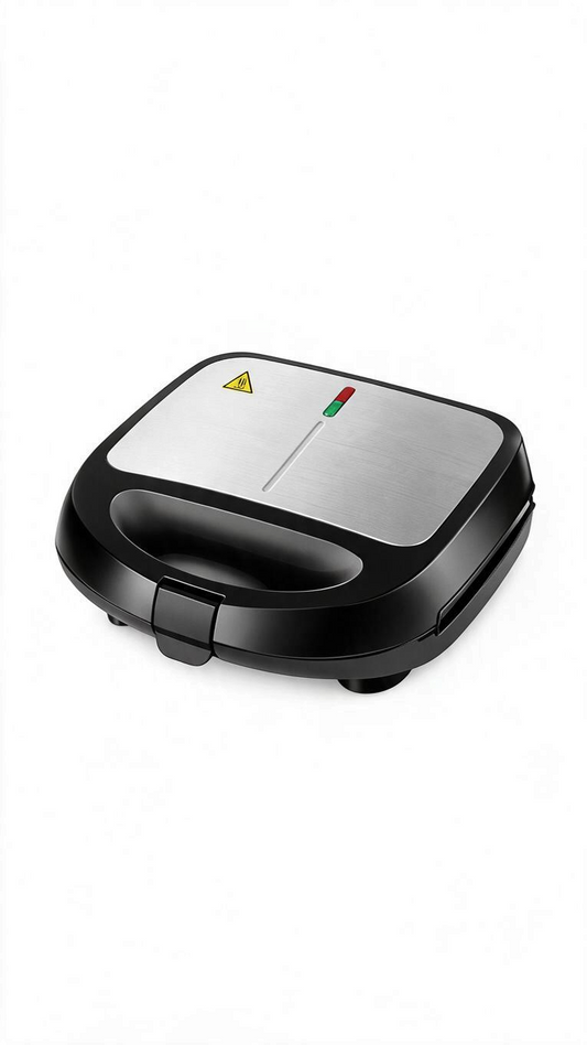 Sandwichera multifuncional Castor UP con acabado en acero inoxidable y carcasa negra, ideal para sándwiches y gofres.