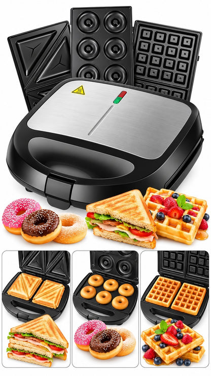 Sandwichera Castor UP 3 en 1 con placas antiadherentes para sándwiches, gofres y donuts en color negro y acero.