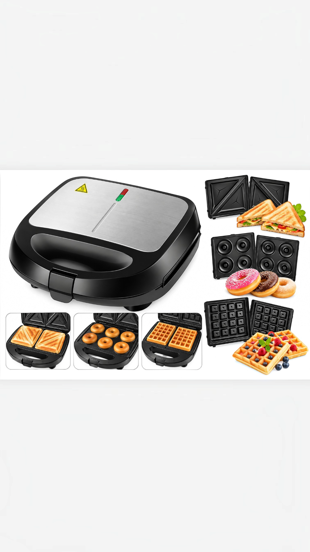 Sandwichera multifuncional Castor UP con placas intercambiables para sándwiches, gofres y donuts, acabado en acero.