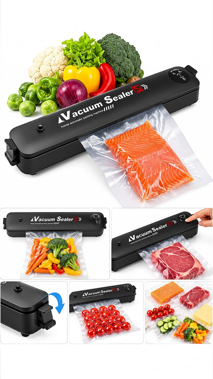 Selladora al vacío Castor UP de color negro sellando salmón, verduras y carne para conservar alimentos frescos.