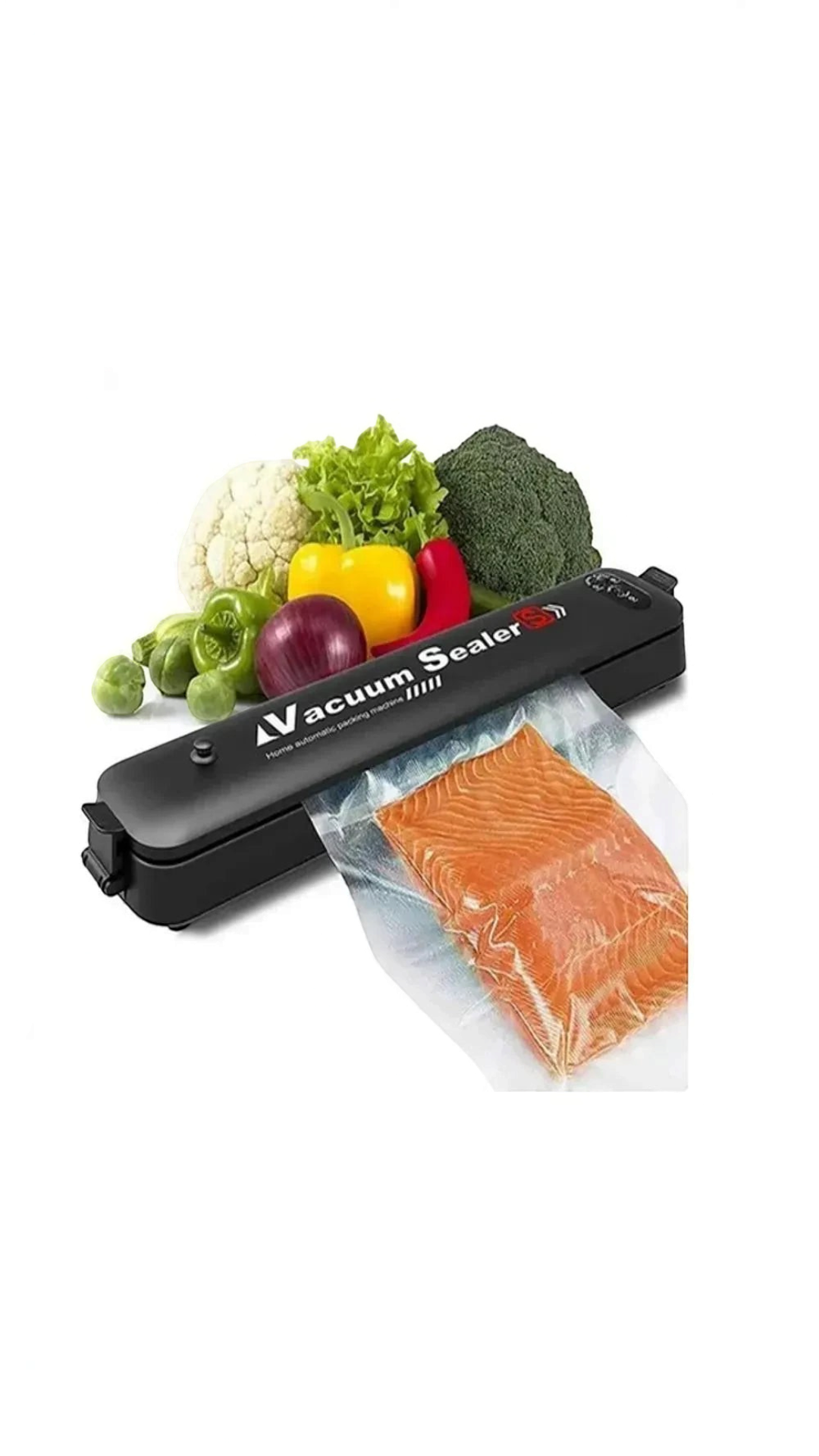 Selladora al vacío automática Castor UP en color negro sellando un filete de salmón con verduras frescas al fondo