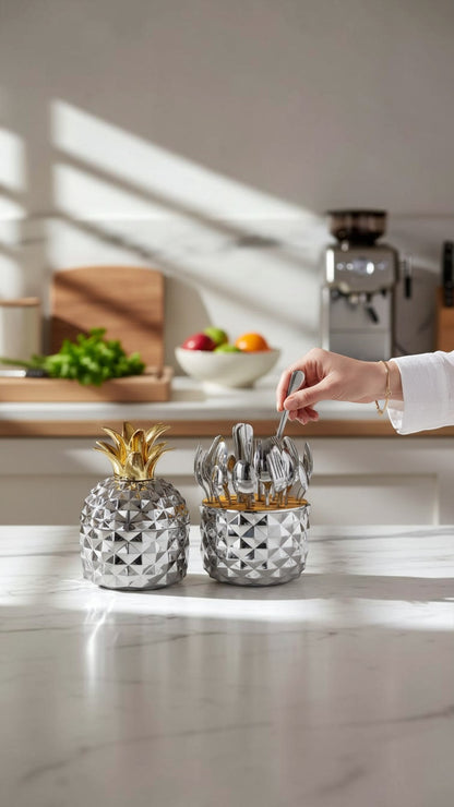 Set de cubiertos Castor UP de acero inoxidable con soporte decorativo en forma de piña plateada sobre mesa de mármol