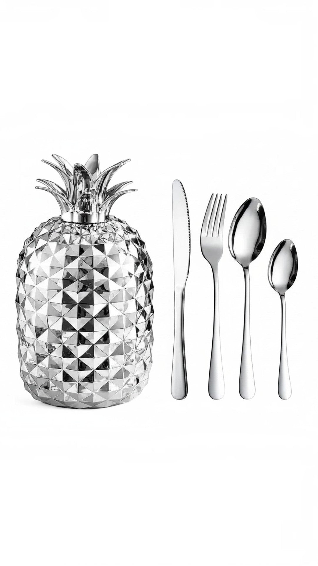 Set de cubiertos Castor UP de acero inoxidable con estuche decorativo en forma de piña plateada y acabado pulido.