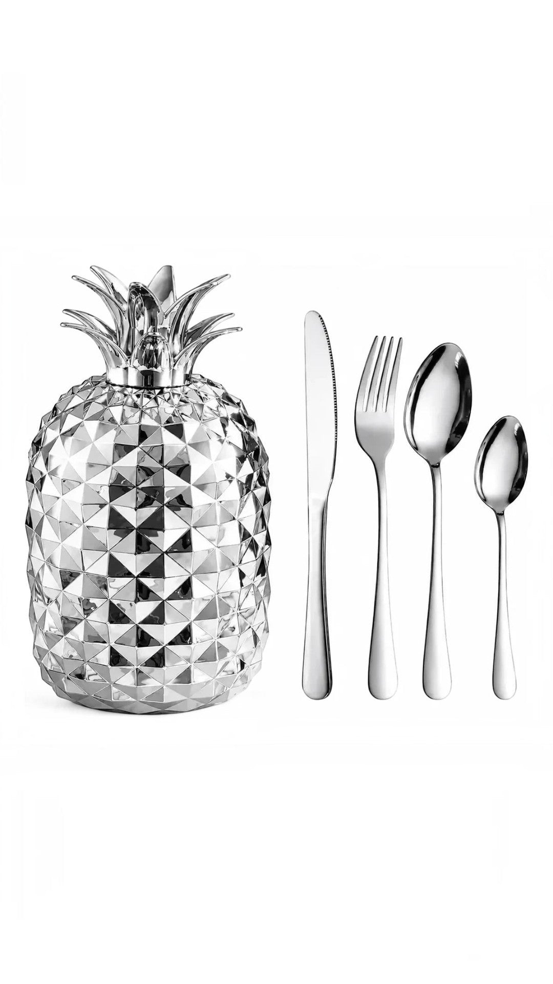 Set de cubiertos Castor UP de acero inoxidable con soporte decorativo en forma de piña geométrica plateada