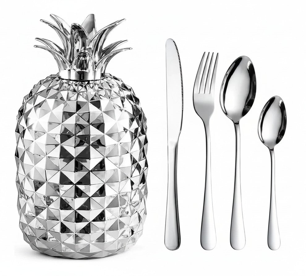 Set de cubiertos Castor UP de acero inoxidable con soporte decorativo plateado en forma de piña geométrica.
