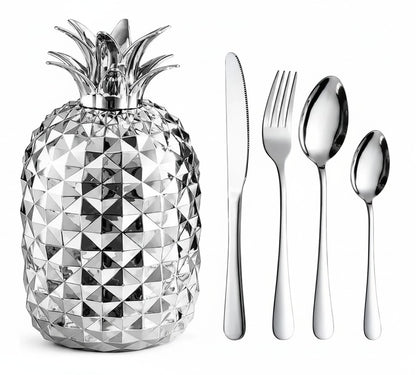 Set de cubiertos Castor UP de acero inoxidable con soporte decorativo plateado en forma de piña geométrica.