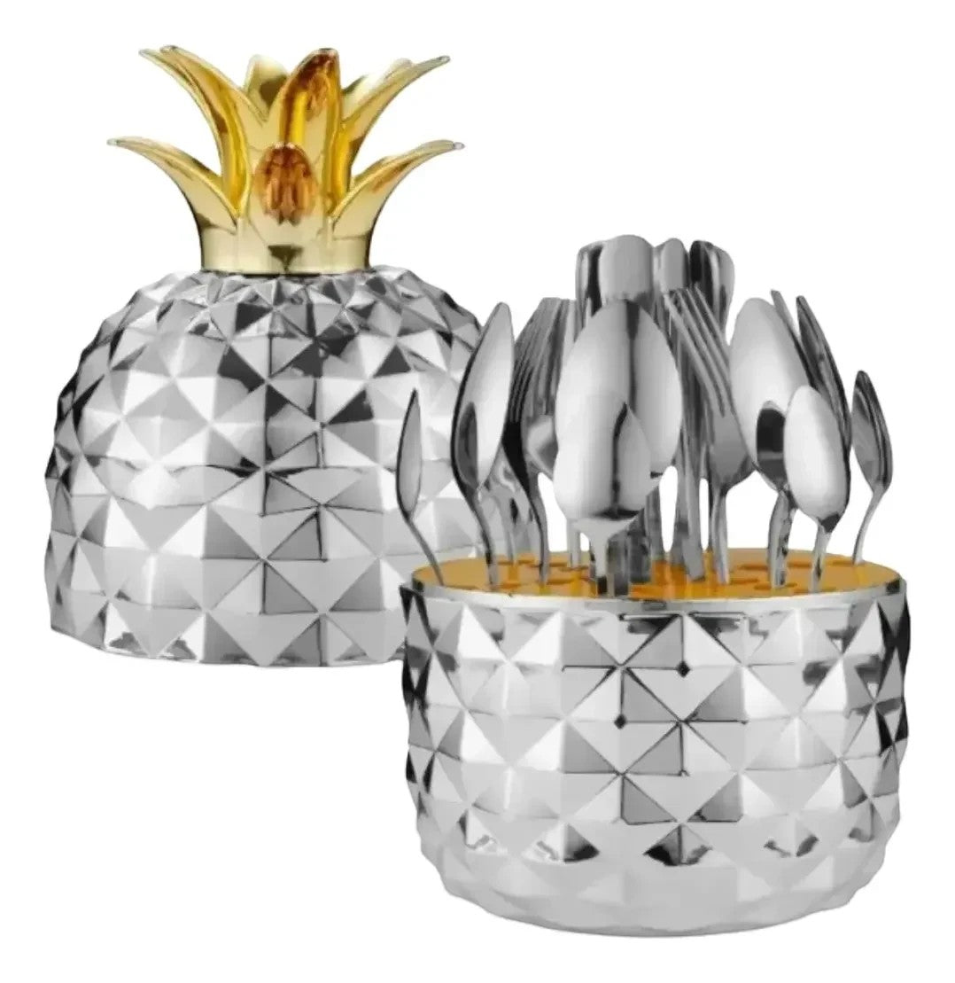 Set de cubiertos Castor UP de acero inoxidable con contenedor decorativo plateado y dorado en forma de piña.