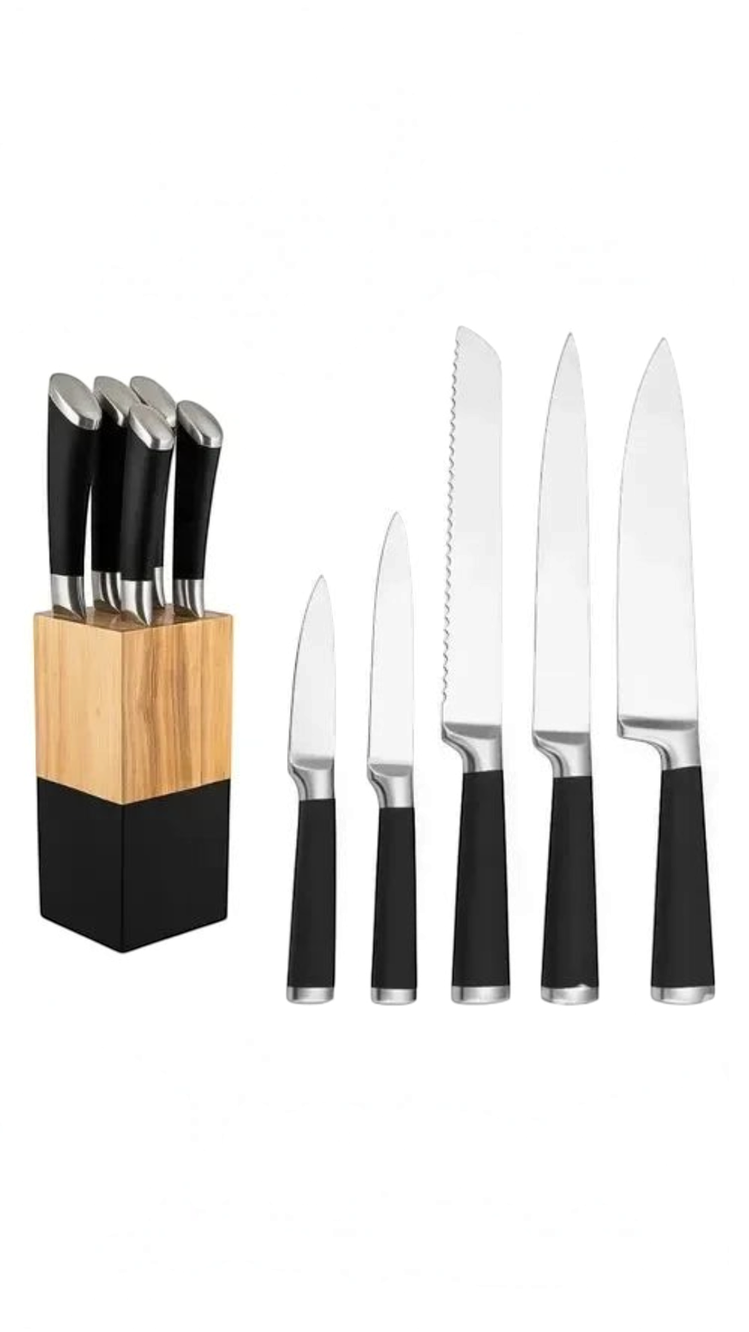 Set de 5 cuchillos Castor UP de acero inoxidable con mangos ergonómicos negros y bloque de madera bicolor