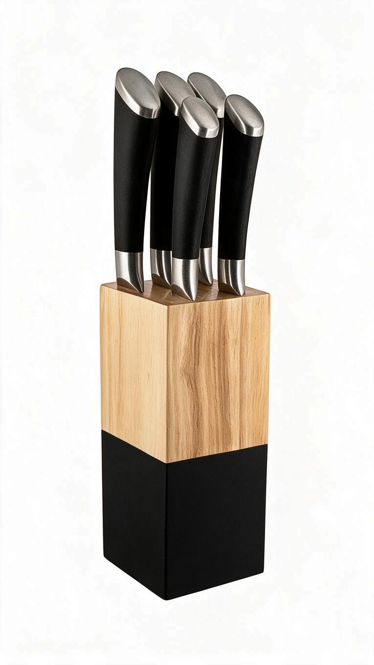 Set de 5 cuchillos Castor UP de acero inoxidable con mangos ergonómicos negros en bloque de madera bicolor