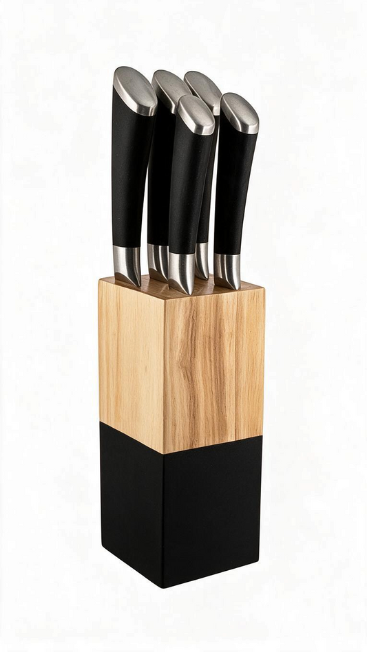 Set de 5 cuchillos Castor UP de acero inoxidable con mangos ergonómicos negros en bloque de madera bicolor