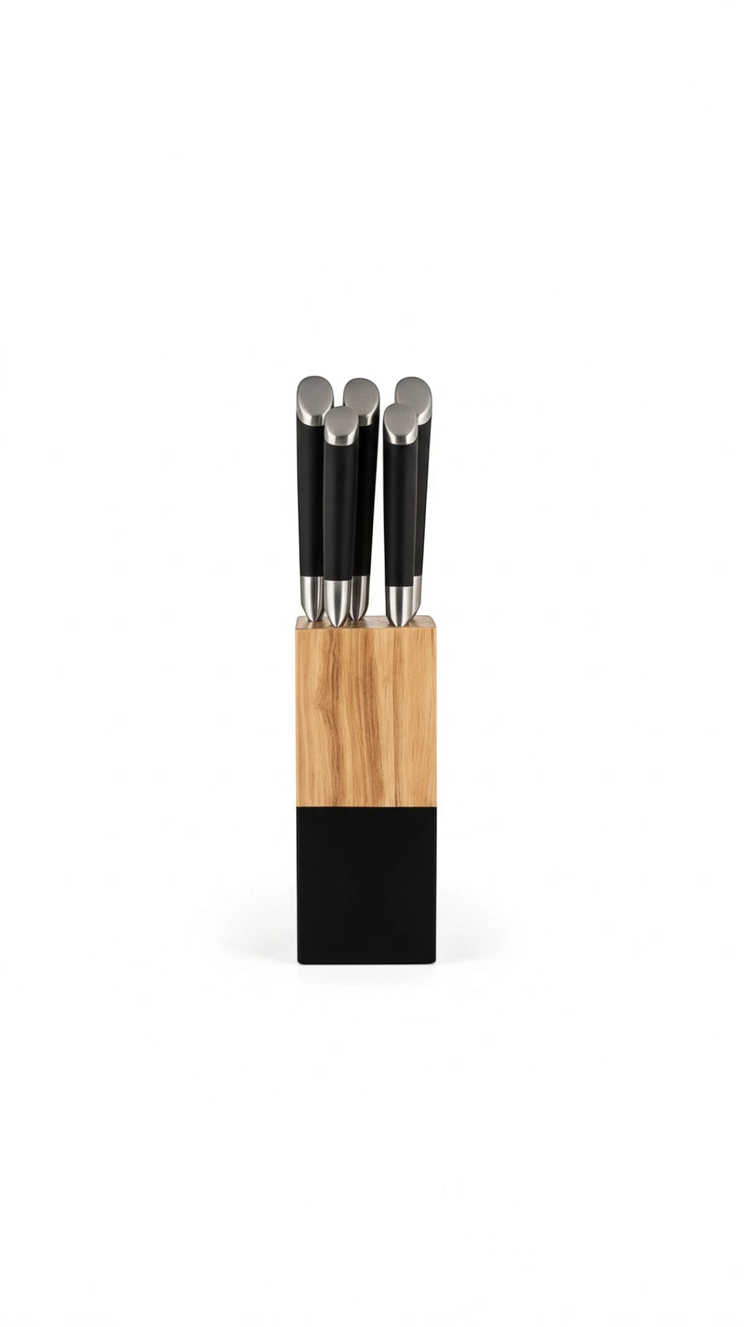 Set de 5 cuchillos Castor UP con mangos negros ergonómicos en un bloque de madera bicolor sobre fondo blanco.