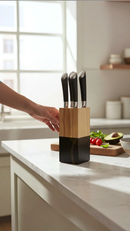 Set de 5 cuchillos Castor UP con mangos negros y bloque de madera bicolor sobre encimera de cocina