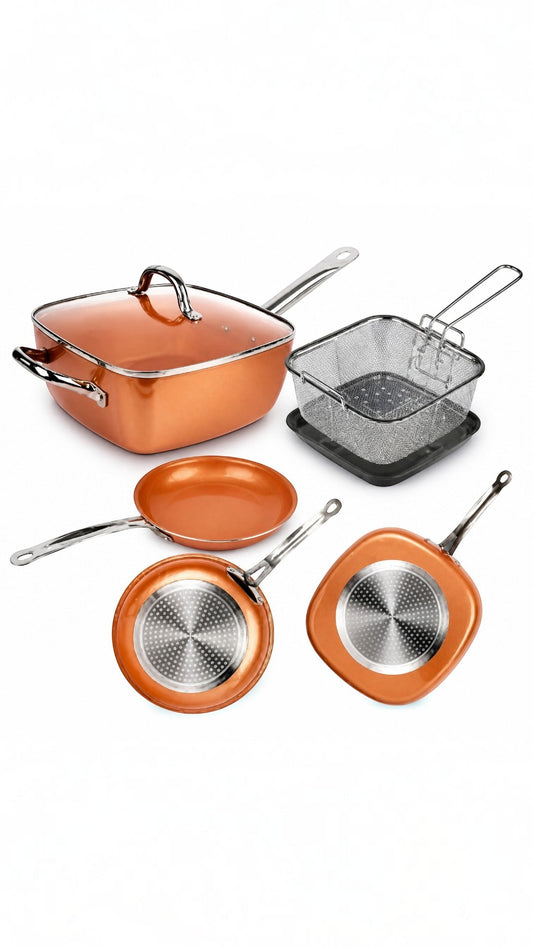 Set de 5 piezas Castor UP Copper Chef en color cobre con ollas, sartenes y canastilla freidora de diseño moderno