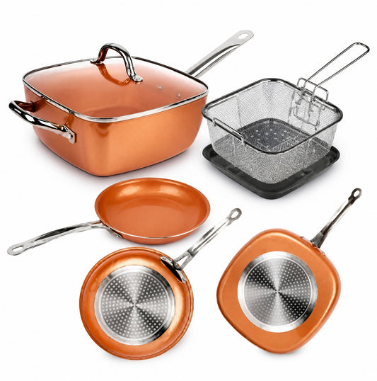 Set de cocina Castor UP de 5 piezas antiadherentes en color cobre con olla cuadrada, sartenes y cesta para freír