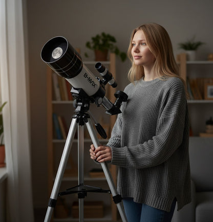 Joven usando telescopio astronómico Castor UP F30070M de 70mm con trípode en una habitación iluminada