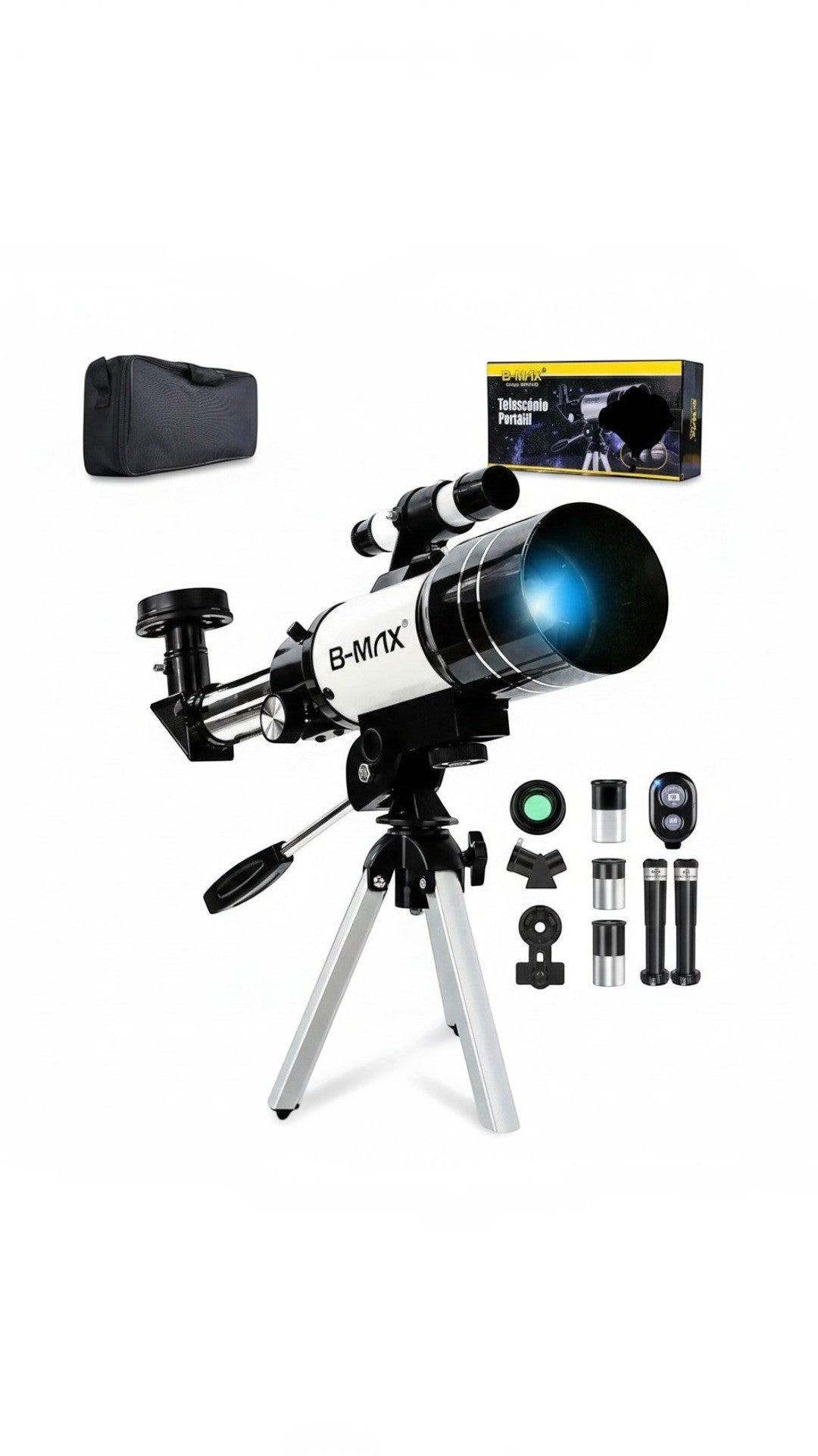 Telescopio astronómico Castor UP F30070M de 70mm con trípode, oculares intercambiables, soporte para celular y estuche.