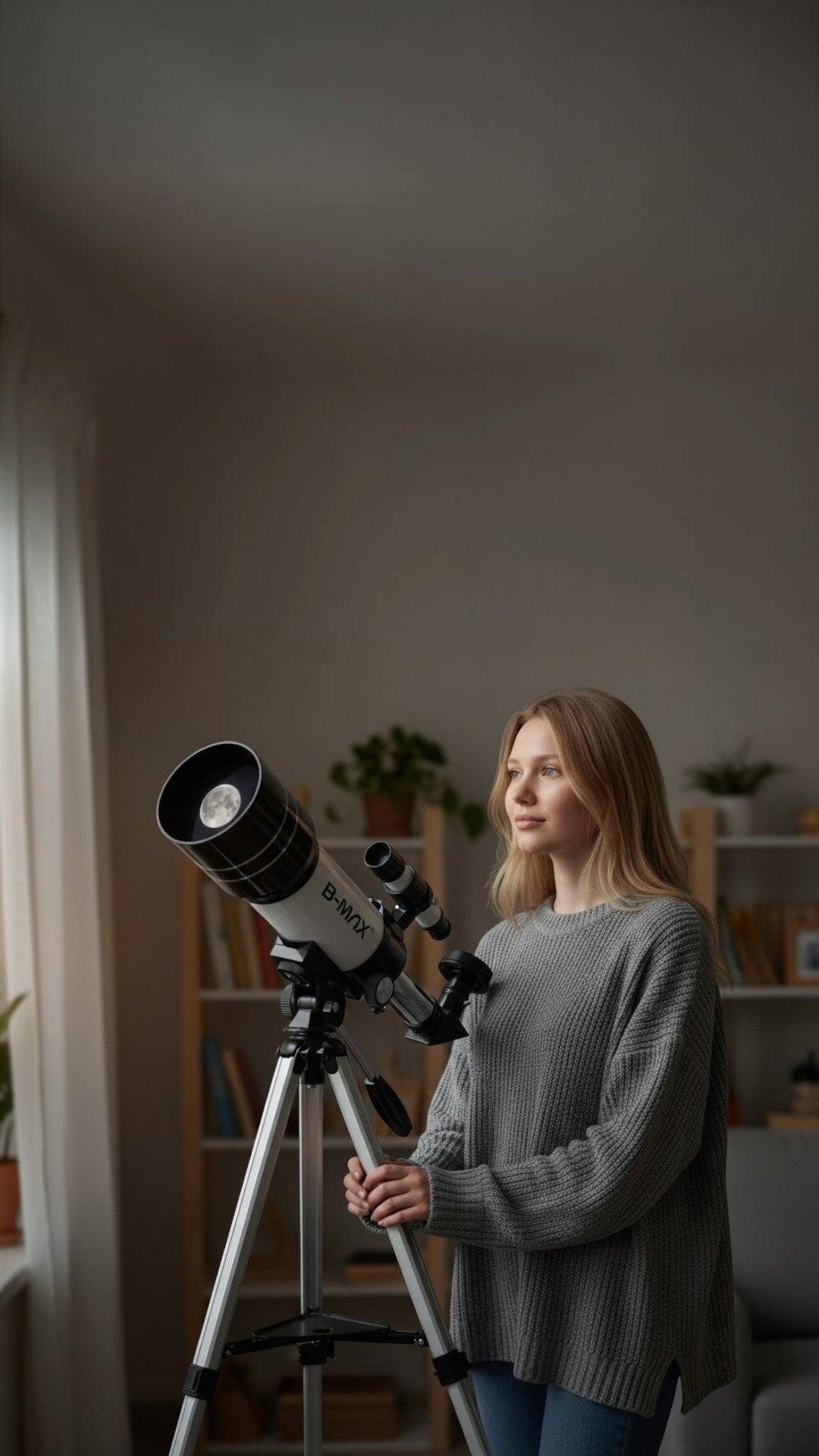 Mujer joven usando telescopio astronómico Castor UP F30070M de 70mm con trípode en una sala de estar luminosa